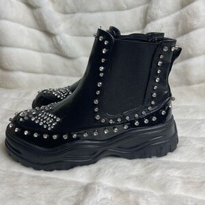 Lemonade Leto black faux leather chunky platform boots faux crystal stud…